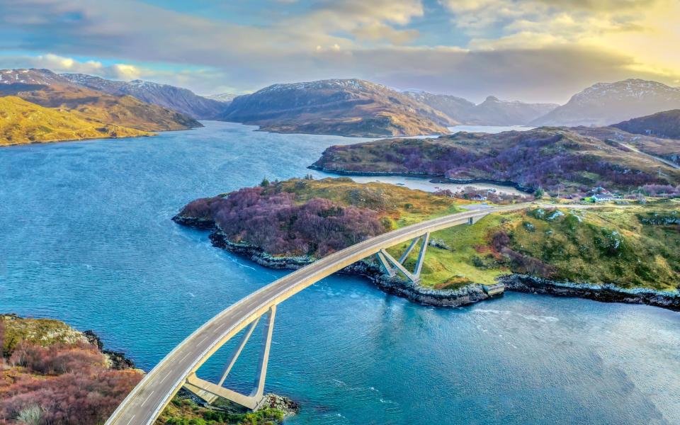 The A894 crosses 'perhaps the most photogenic bridge in the country' at Kylesku