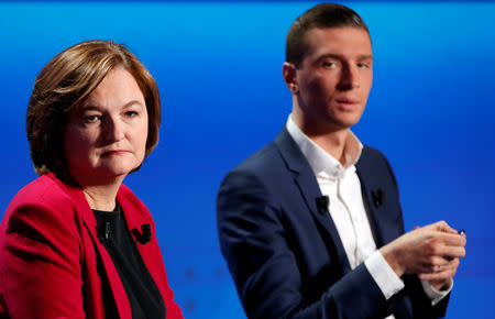 FILE PHOTO: Nathalie Loiseau, head of the Renaissance (Renewal) list for the European elections, and Jordan Bardella, the head of the National Rally list for the European elections, attend a debate organised by French public national television broadcaster France Televisions in Paris, France, April 4, 2019. REUTERS/Christian Hartmann/File Photo