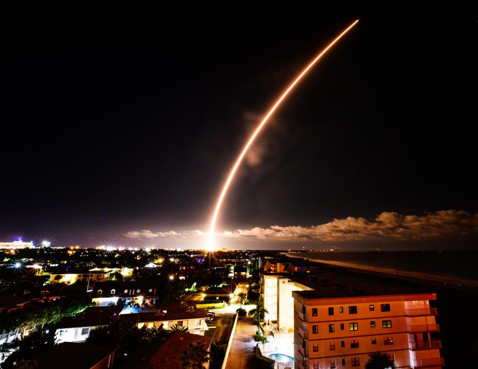 Launch of a SpaceX Falcon 9 on Tuesday night, seen over the Cape Canaveral skyline.