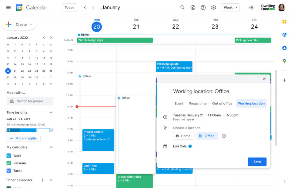 Google Calendar working location