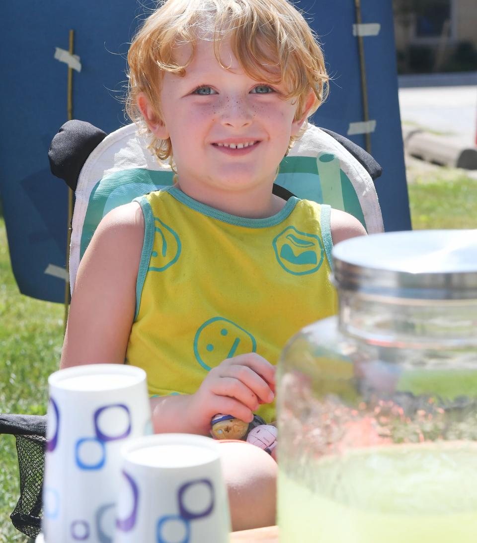 Five-year-old Ethan Hrytzik mans his lemonade stand next door to Erie Gives Day, a community-wide day of philanthropy, at the Erie Community Foundation in Erie on Tuesday.