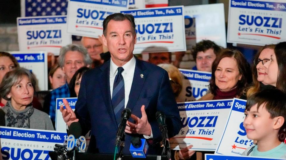 PHOTO: Former U.S. Rep. Tom Suozzi speaks during a campaign canvass kick off event, Feb. 11, 2024, in Plainview N.Y.  (Mary Altaffer/AP)