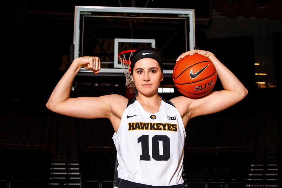 Iowa forward Megan Gustafson poses for a photo during the NCAA women's college basketball team's media day, in Iowa City, Iowa.
