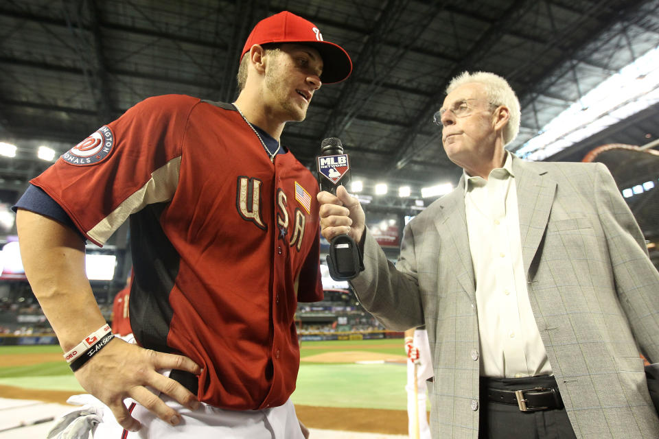 PHOENIX, AZ - JULY 10: U.S. Futures All-Star Bryce Harper #34 of the Washington Nationals is interviewed by Peter Gammons of the MLB Network prior to the 2011 XM All-Star Futures Game at Chase Field on July 10, 2011 in Phoenix, Arizona. (Photo by Christian Petersen/Getty Images)