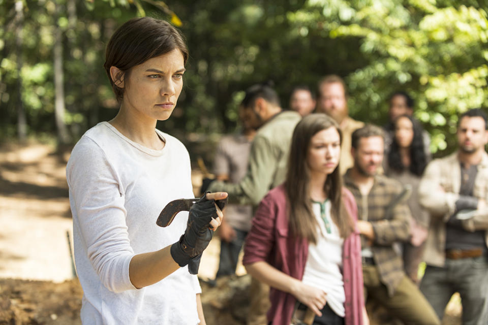 <p>Lauren Cohan as Maggie Greene, Katelyn Nacon as Enid in AMC’s The Walking Dead. <br>(Credit: Gene Page/AMC) </p>