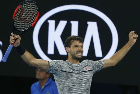 Tennis - Australian Open - Melbourne Park, Melbourne, Australia - early 22/1/17 Bulgaria's Grigor Dimitrov celebrates winning his Men's singles third round match against France's Richard Gasquet. REUTERS/Thomas Peter