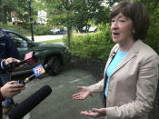 U.S. Sen. Susan Collins (R-Maine), speaks to the media on Friday, Sept. 21, 2018, in Portland, Maine. Collins said she's "appalled" by President Donald Trump's tweet criticizing Christine Blasey, accuser of Supreme Court nominee Brett Kavanaugh. (AP Photo/Patrick Whittle)