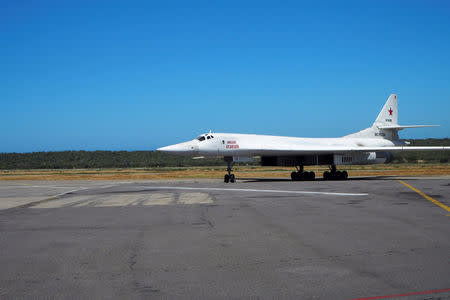 A Russian Tu-160 heavy strategic bomber is seen after landing in Maiquetia, Venezuela, December 10, 2018. Picture taken December 10, 2018. Russian Defence Ministry/Handout via REUTERS