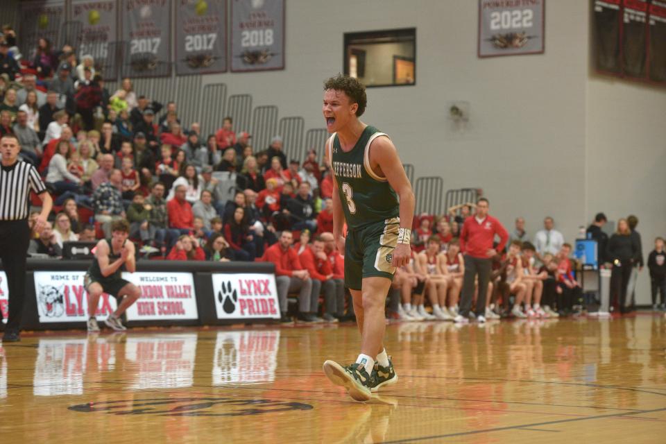 Jefferson guard Taylen Ashley yells in celebration at Brandon Valley high school on Wednesday, Jan. 25.