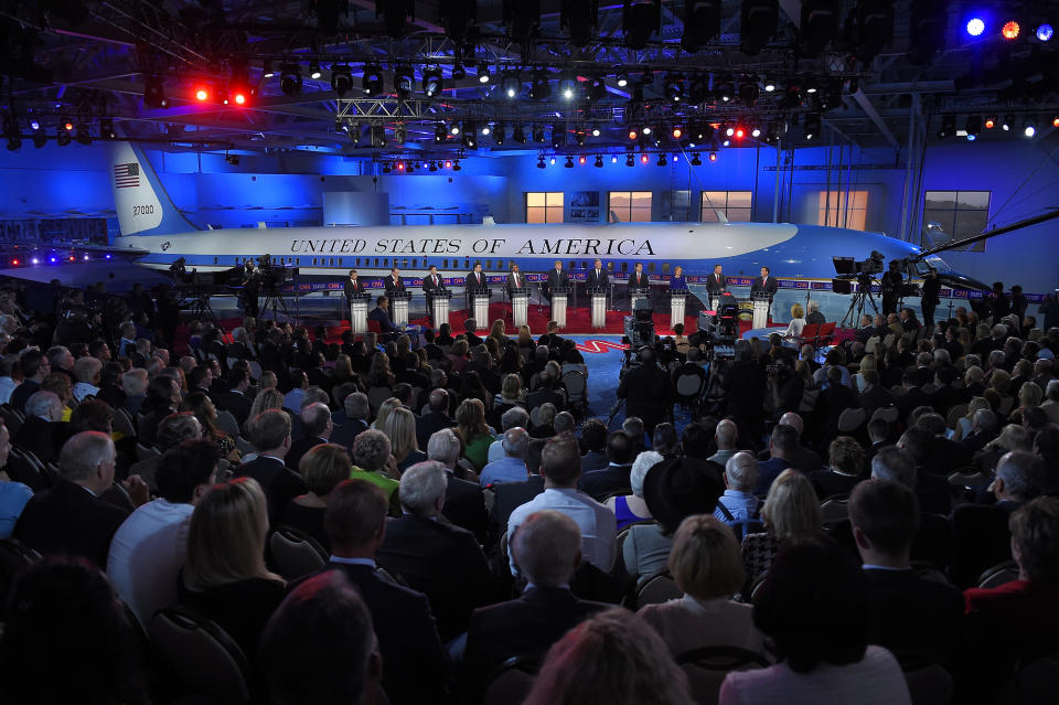 FILE - In this Sept. 16, 2015, file photo, the GOP presidential candidates stand behind their podiums during the CNN Republican presidential debate at the Ronald Reagan Presidential Library and Museum in Simi Valley, Calif. (AP Photo/Mark J. Terrill, File)