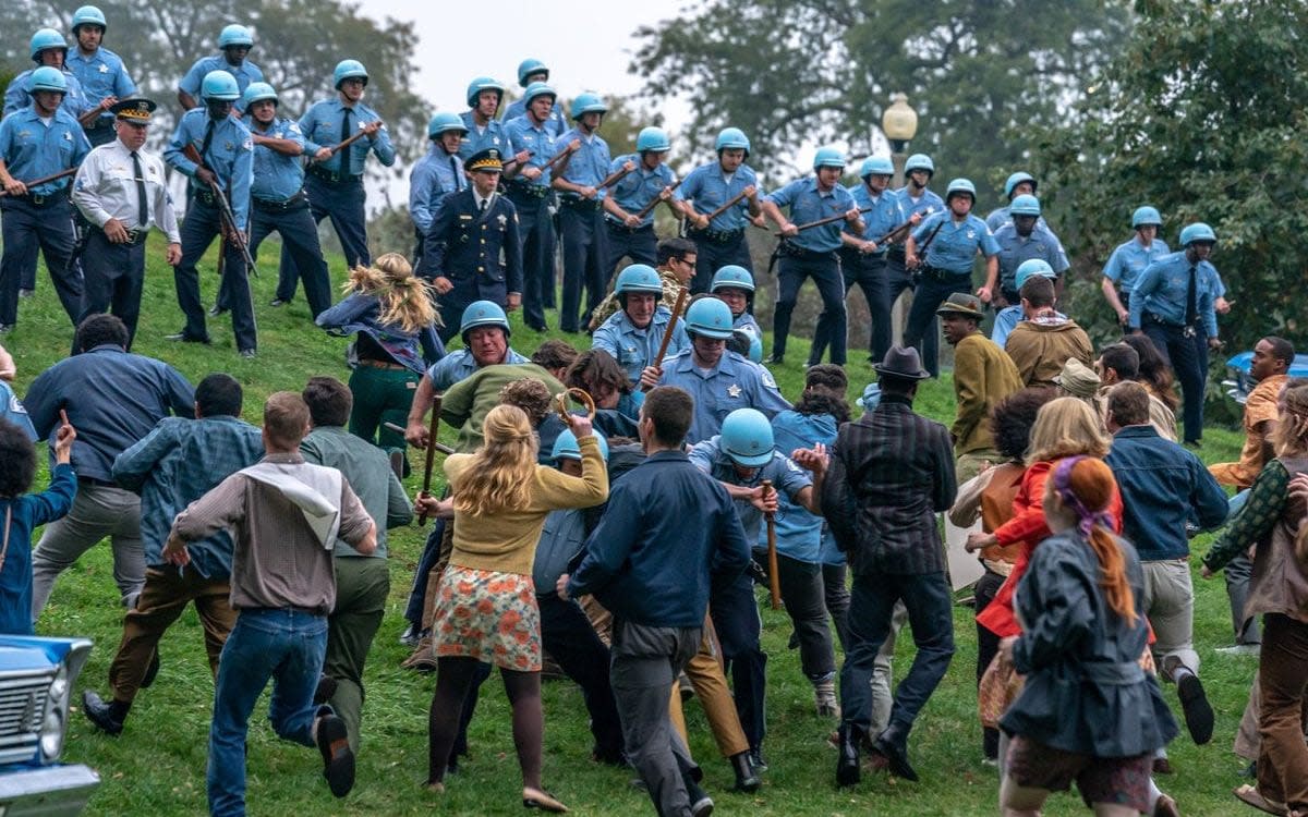 The world is watching: protesters clash with police in Lincoln Park in The Trial of the Chicago 7 - Netflix