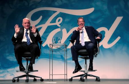 Ford Motor Executive Chairman Bill Ford (R) and James Hackett answer questions from the media after announcing Hackett was named Ford Motor Company president and CEO, succeeding Mark Fields, in Dearborn, Michigan, U.S., May 22, 2017. REUTERS/Rebecca Cook