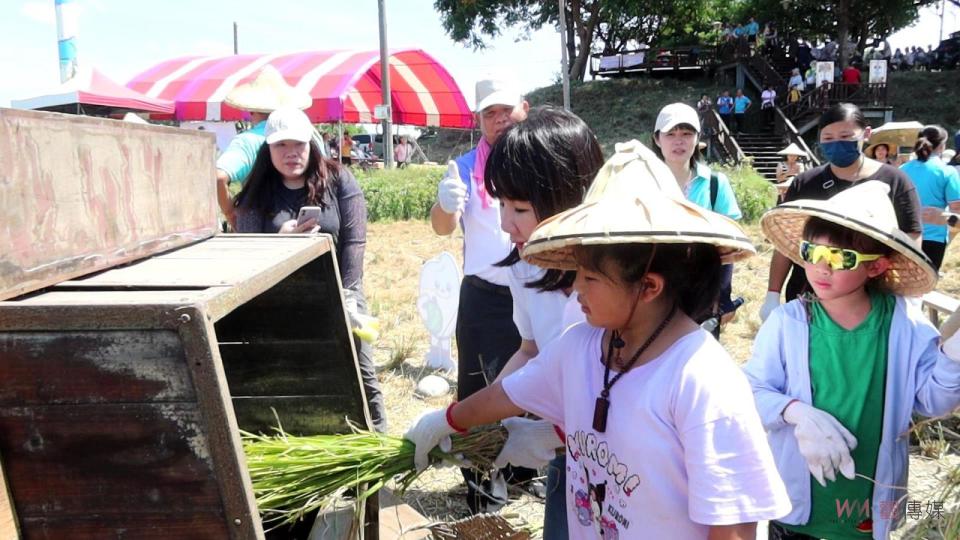 ▲溪州鄉公所與溪州農會在西螺大橋北岸溪州端橋下舉辦「虹橋愛心‧割稻趣」活動，留下愛心稻田讓民眾體驗傳統收割樂趣。（記者陳雅芳攝）