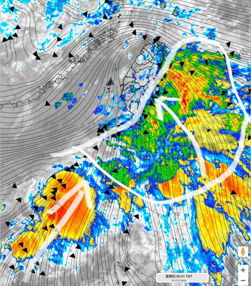 週末鋒面逐漸接近，以及華南雲雨帶東移加上南方水氣北上。（圖／翻攝自氣象達人彭啟明臉書）