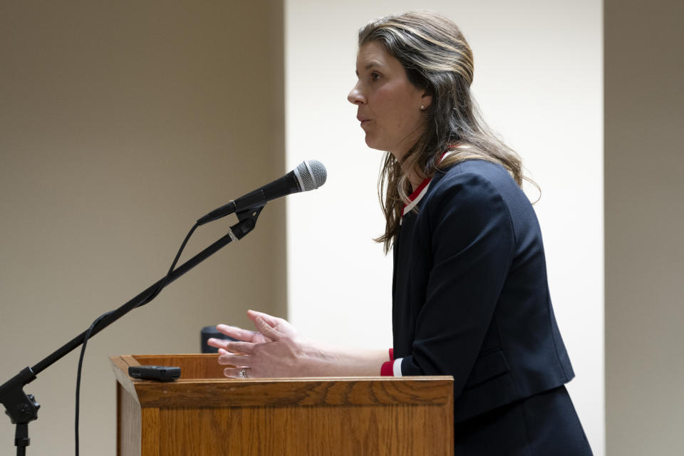 Whitney Hermandorfer of the Tennessee Attorney General's Office speaks on before a panel of judges during the Nicole Blackmon vs. the State of Tennessee, Thursday, April 4, 2024, in Nashville, Tenn. The case challenges the medical necessity exception to Tennessee's total abortion ban. (AP Photo/George Walker IV)