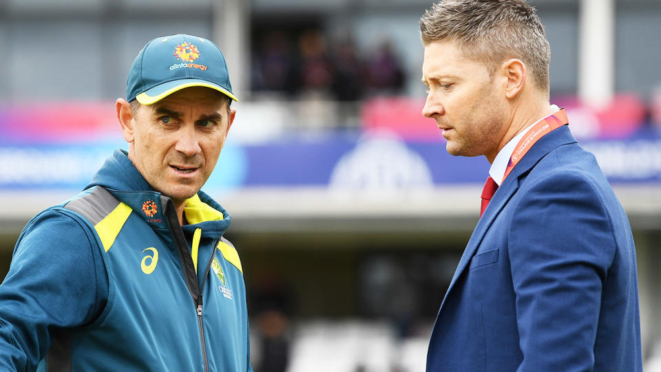 Justin Langer and Michael Clarke, pictured here at the ICC Cricket World Cup in 2019.