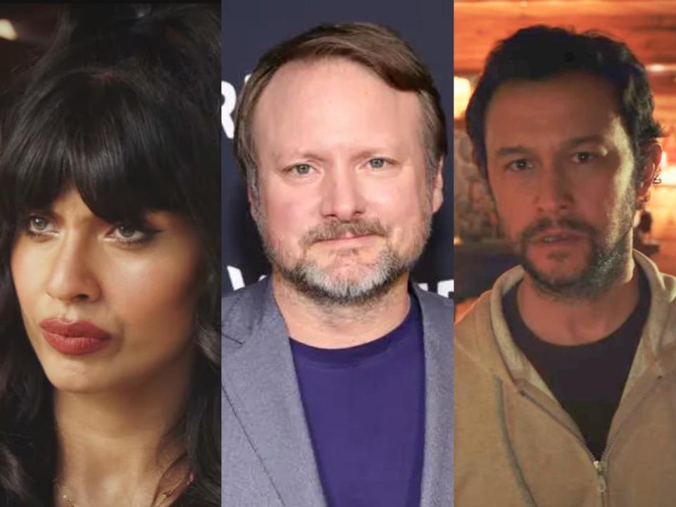 Director Rian Johnson with "Poker Face" stars Jameela Jamil (far left) and Joseph Gordon-Levitt Levitt (far right).