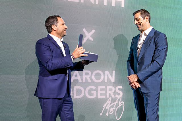 <p>Courtesy of Zenith</p> Zenith CEO Julien Tornare reveals Aaron Rodgers new signature timepiece for the brand on Oct. 30, 2023