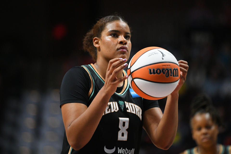 New York Liberty forward Nyara Sabally shoots a free throw during a preseason game against the Connecticut Sun on May 10, 2023, at Mohegan Sun Arena in Uncasville, Connecticut. (Erica Denhoff/Icon Sportswire via Getty Images)