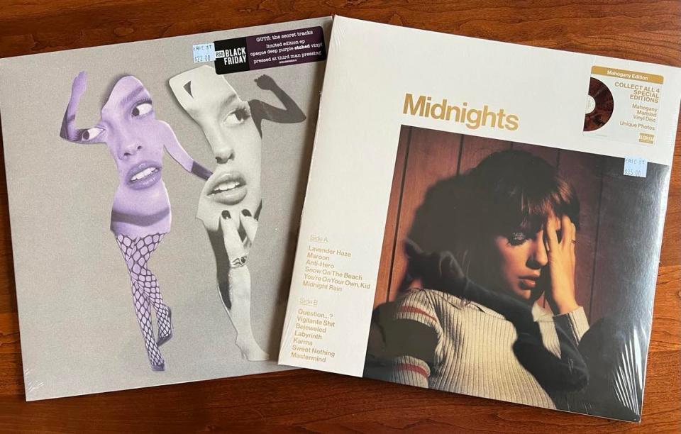 Pop music superstars Olivia Rodrigo and Taylor Swift are among the many artists who release music on vinyl, including Rodrigo's exclusive Black Friday Record Store Day "Secret Songs" EP and Swift's "Midnights" album in four color variants.