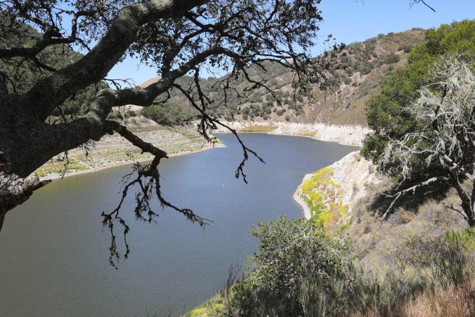 Like a bathtub ring the low lake level shows in limestone rock at Lopez Lake due to drought. Many South San Luis Obispo county towns rely on the reservior for most or all of their water; levels were at 28.4% on May 13, 2022.