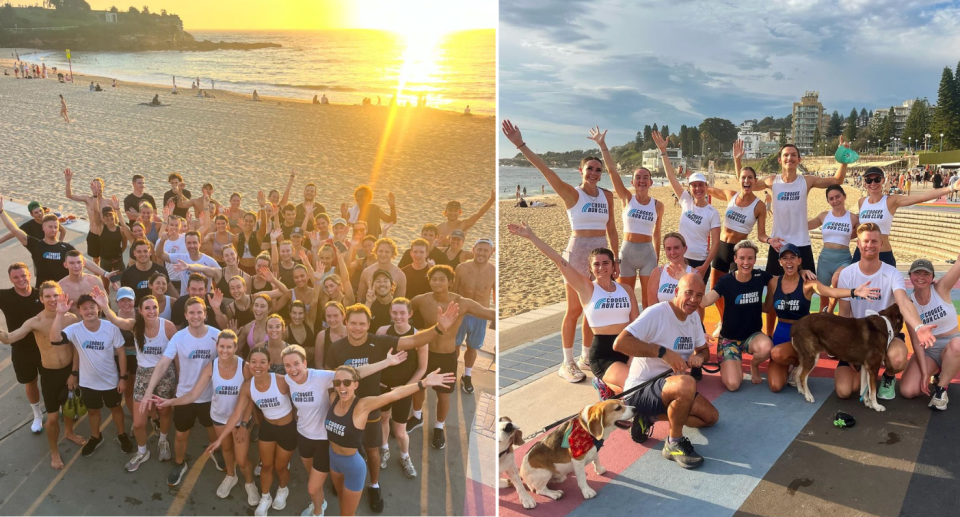 The Coogee Run Club in front of the beach (left) and the Coogee Run Club on the Coogee Rainbow (right).