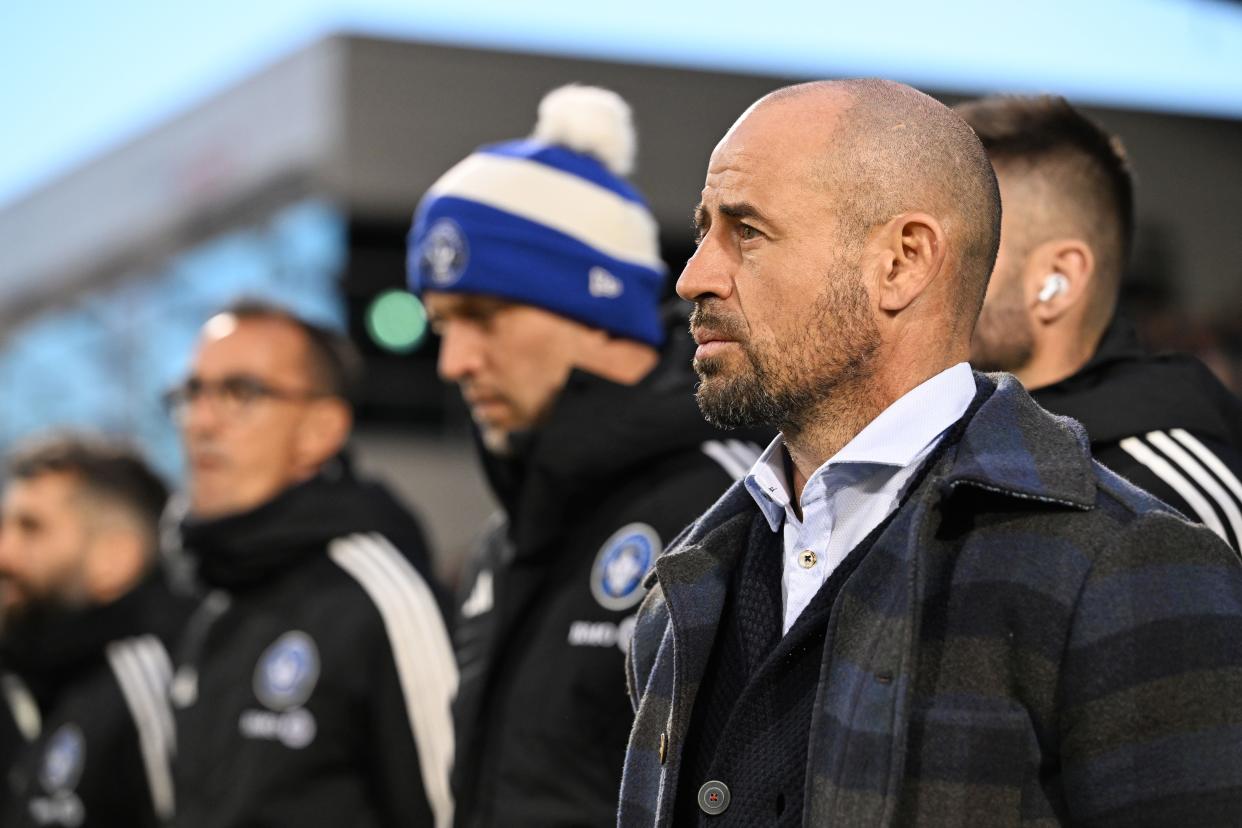 Apr 20, 2024; Montreal, Quebec, CAN; CF Montreal head coach Laurent Courtois before the match against Orlando City at Stade Saputo. Mandatory Credit: David Kirouac-USA TODAY Sports