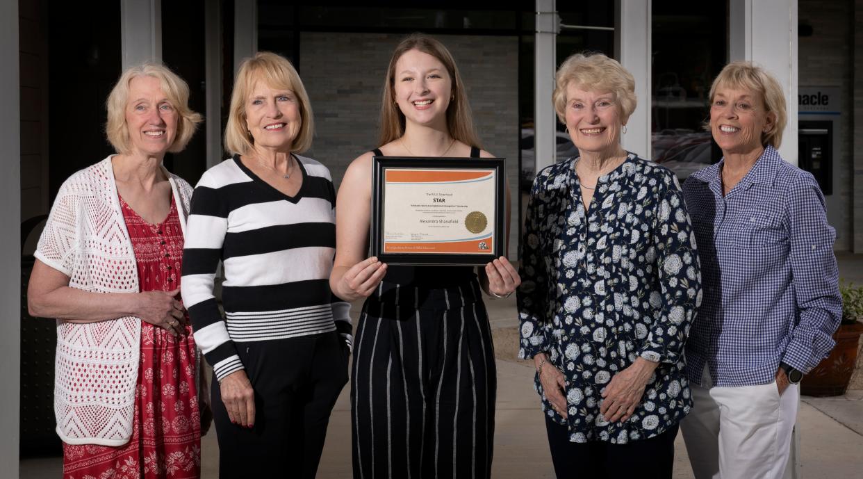 The people in the picture are the Chapter R STAR Team joind scholarship recipient members with Alexandra Shanafield. Pictured are Becky Hook, from left, Becky Sherrod, Shanafield, Dottie Thompson and Ann Farrar.