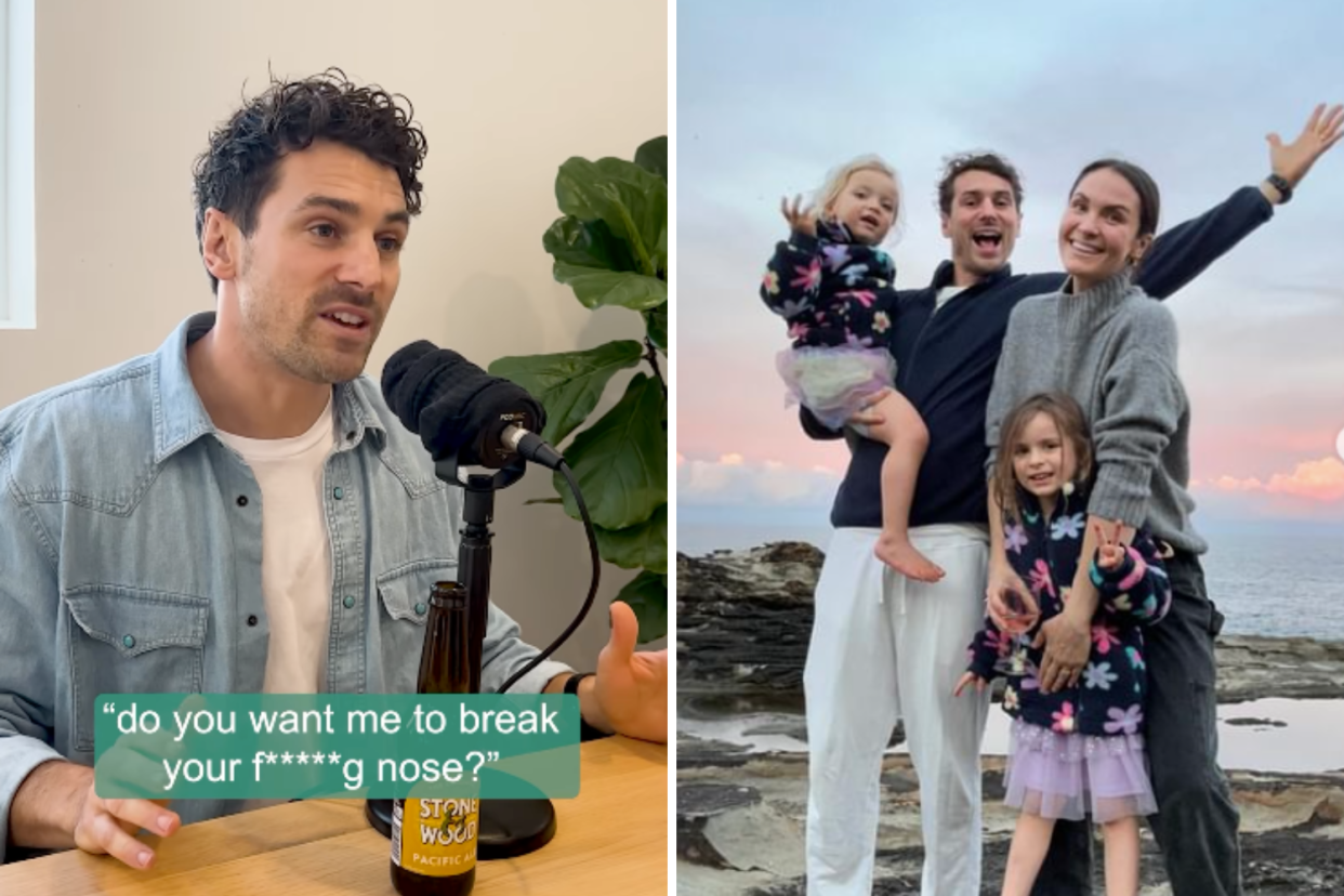 Matty J on podcast and Matty J with Laura Byrne and daughters 