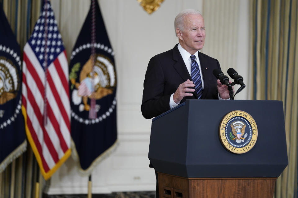 President Joe Biden delivers remarks on the October jobs report from the State Dining Room of the White House, Friday, Nov. 5, 2021, in Washington. (AP Photo/Evan Vucci)