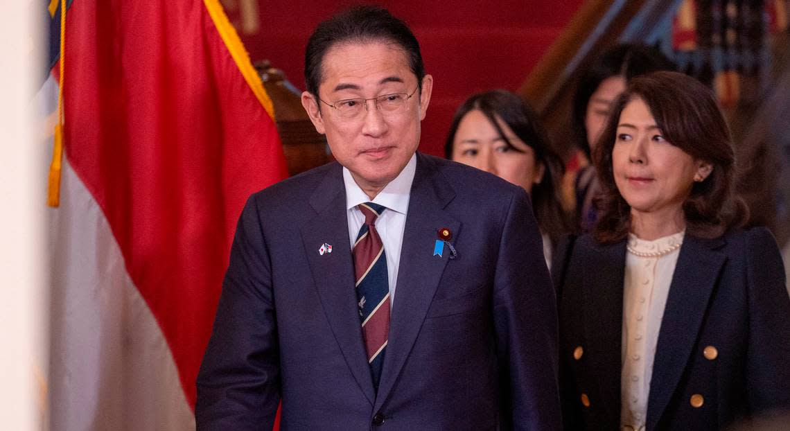 Japanese Prime Minister Fumio Kishida and First Lady Yuko Kishida arrive at the North Carolina Executive mansion for a luncheon in his honor on Friday, April 12, 2024 in Raleigh, N.C. Robert Willett/rwillett@newsobserver.com