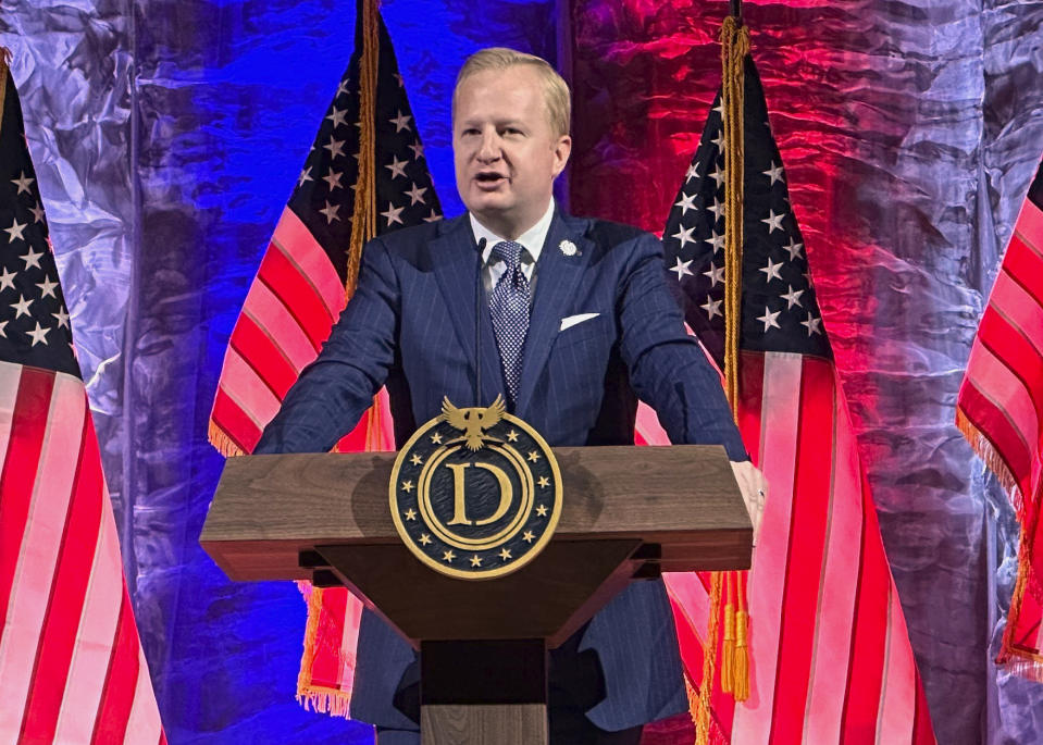 Scott Colter, chair and CEO of the Danbury Institute, addresses the audience at the Life & Liberty Forum on Monday, June 10, 2024, in Indianapolis. The forum, put on by the institute, is expected to feature a taped message from former President Donald Trump, Southern Baptist leaders and others. (AP Photo/Peter Smith)