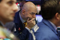 Specialist Philip Finale works on the floor of the New York Stock Exchange, Thursday, Dec. 6, 2018. U.S. stocks tumbled in early trading Thursday following a sell-off in overseas markets. (AP Photo/Richard Drew)