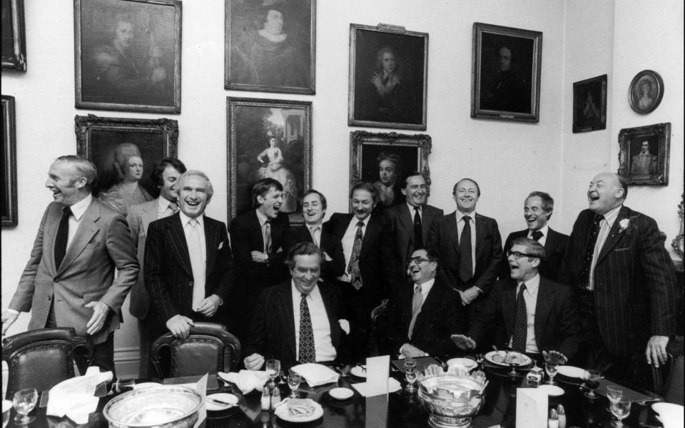 'Old boys' network': Chancellor of the Exchequer Denis Healey jokes at a lunch at the Garrick Club in 1978 - Michael Ward/Hulton Archive