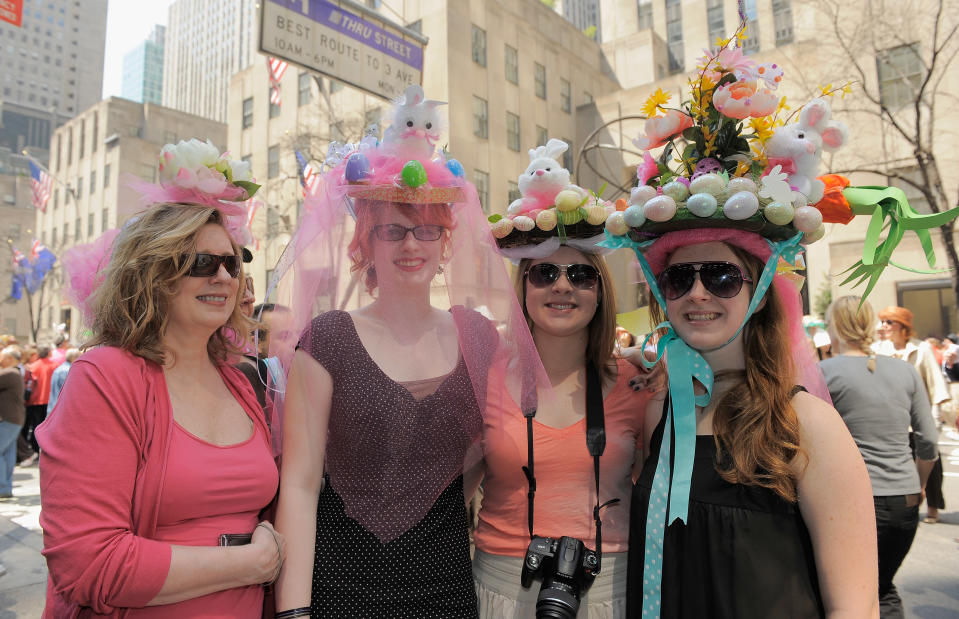 NEW YORK, NY - APRIL 24: Jamie Musing, Barbara Musing, Isabelle Forest and Heather Forest model their bonnets during the 2011 Easter parade and Easter bonnet festival on the Streets of Manhattan on April 24, 2011 in New York City. (Photo by Jemal Countess/Getty Images)