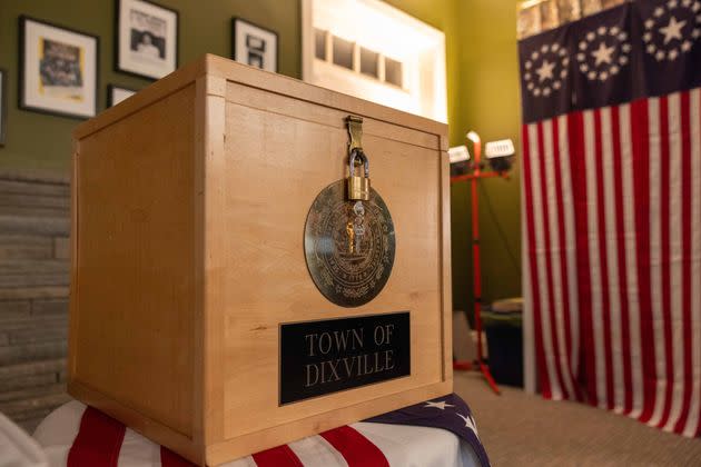The Dixville ballot box is displayed in front of voting booths in the Tillotson House during preparations for midnight voting on Jan. 22, 2024 in Dixville Notch, New Hampshire. Dixville Notch is the only community in New Hampshire to vote at midnight on Tuesday during the 2024 Primary Election.
