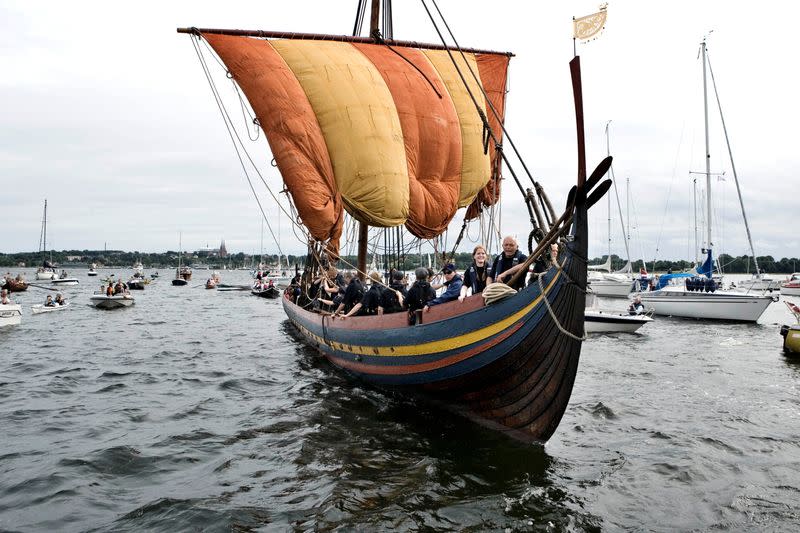 FILE PHOTO: The Viking ship Havhingsten af Glendalough sets out from the Viking Museum in Roskilde