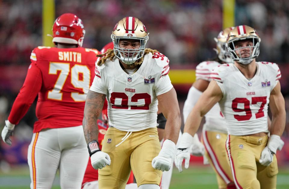 Feb 11, 2024; Paradise, Nevada, USA; San Francisco 49ers defensive end Chase Young (92) reacts after a play against the Kansas City Chiefs during the first quarter of Super Bowl LVIII at Allegiant Stadium. Mandatory Credit: Kirby Lee-USA TODAY Sports