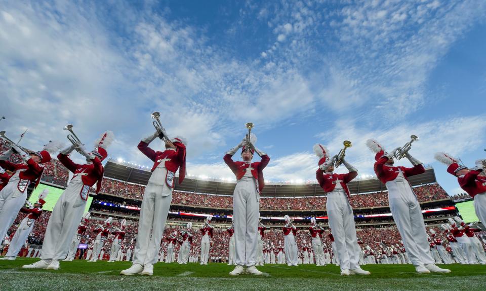 Sep 3, 2022; Tuscaloosa, Alabama, USA;  The Million Dollar Band performs on the field at Bryant-Denny Stadium. Alabama defeated Utah State 55-0. Mandatory Credit: Gary Cosby Jr.-USA TODAY Sports