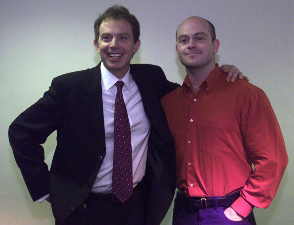 Labour leader Tony Blair, (L) meets actor Ross Kemp, who plays Grant Mitchell in the hit soap Eastenders April 27. Blair spent the day campaigning in the East Midlands. BRITAIN ELECTION