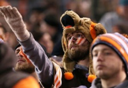 A Cleveland Browns fan reacts in the stands against the Baltimore Ravens at FirstEnergy Stadium. The Ravens won 33-27. Mandatory Credit: Aaron Doster-USA TODAY Sports
