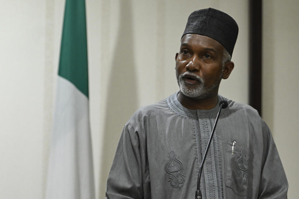 Minister of Foreign Affairs of Nigeria Yusuf Tuggar speaks during a press conference with US Secretary of State Antony Blinken at the Presidential Villa in Abuja, Tuesday, Jan. 23, 2024. (Andrew Caballero-Reynolds/Pool Photo via AP)