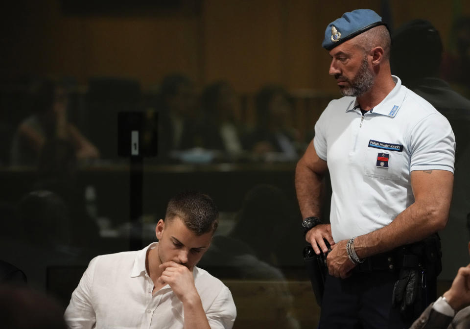 Gabriel Natale Hjorth attends a hearing for the appeals trial in which he is facing murder charges for killing Italian Carabinieri paramilitary police officer Mario Cerciello Rega, in Rome, Wednesday, July 3, 2024. Two American men face a new trial in the slaying of an Italian plainclothes police officer during a botched sting operation after Italy's highest court threw out their convictions. (AP Photo/ Alessandra Tarantino)