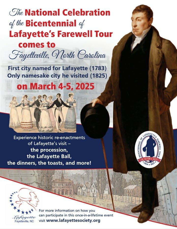 A poster to commemorate the Marquis de Lafayette's visit to Fayetteville in 1825. The 200th anniversary of the event is in March of 2025.