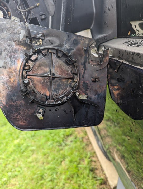 Damage to a pickup truck in Hutto, Texas, after a lightning strike on April 28, 2024. (Courtesy Jeremy Jameson)