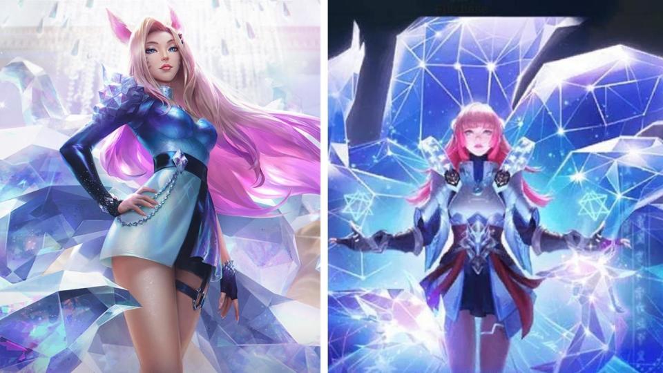 KDA Ahri and Guinevere&#39;s Psion of Tomorrow have too many similarities, from colour scheme, down to the crystallized nine-tail signature of KDA Ahri&#39;s look. Photo: Riot Games, Moonton