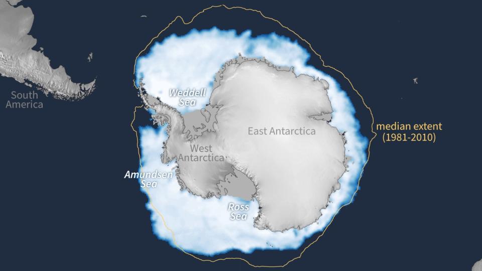 A map of Antarctica shows the extent of sea ice in June 2023 compared with the average between 1981 and 2010.