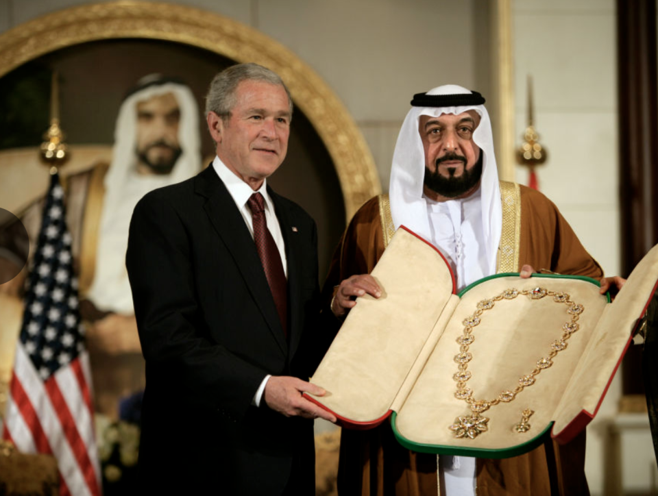 <p>President George W. Bush received this <a href="https://www.aol.com/article/news/2017/01/26/what-happens-when-a-gift-is-given-to-the-united-states-president/21663421/#slide=4366678#fullscreen" data-ylk="slk:solid gold sash" class="link ">solid gold sash</a> from Arab Emirates' President Sheikh Khalifa. </p>