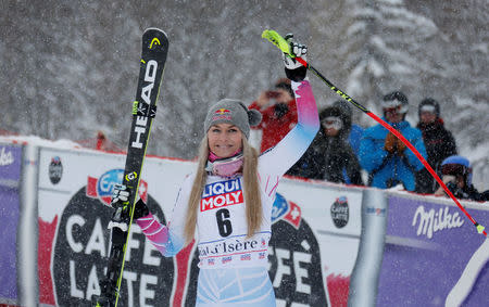 Alpine Skiing - Women's Alpine Skiing World Cup Super G - Val d´Isere, France - December 16, 2017 Lindsey Vonn of the U.S. celebrates after winning the Women's Super G REUTERS/Robert Pratta