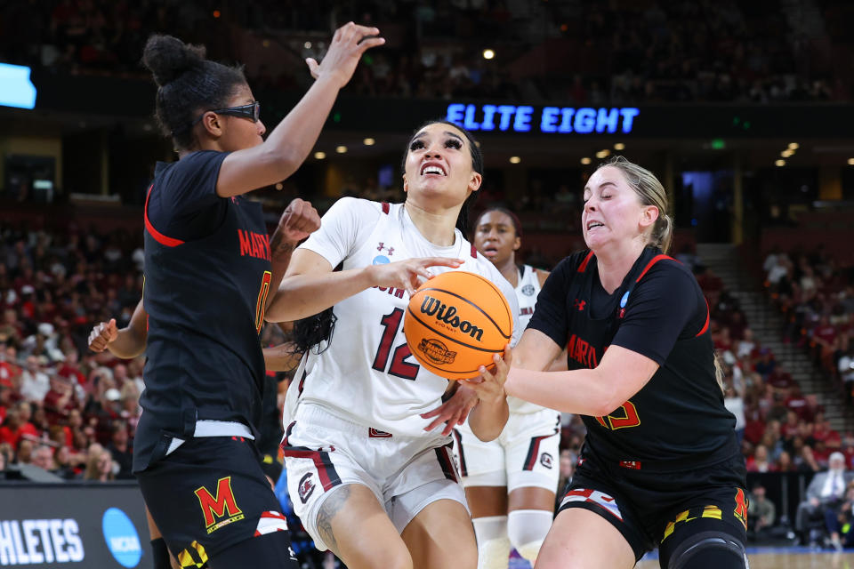 South Carolina's Brea Beal drives to the basket against Maryland during the fourth quarter in the Elite Eight round of the NCAA women's tournament at Bon Secours Wellness Arena in Greenville, South Carolina, on March 27, 2023. (Kevin C. Cox/Getty Images)